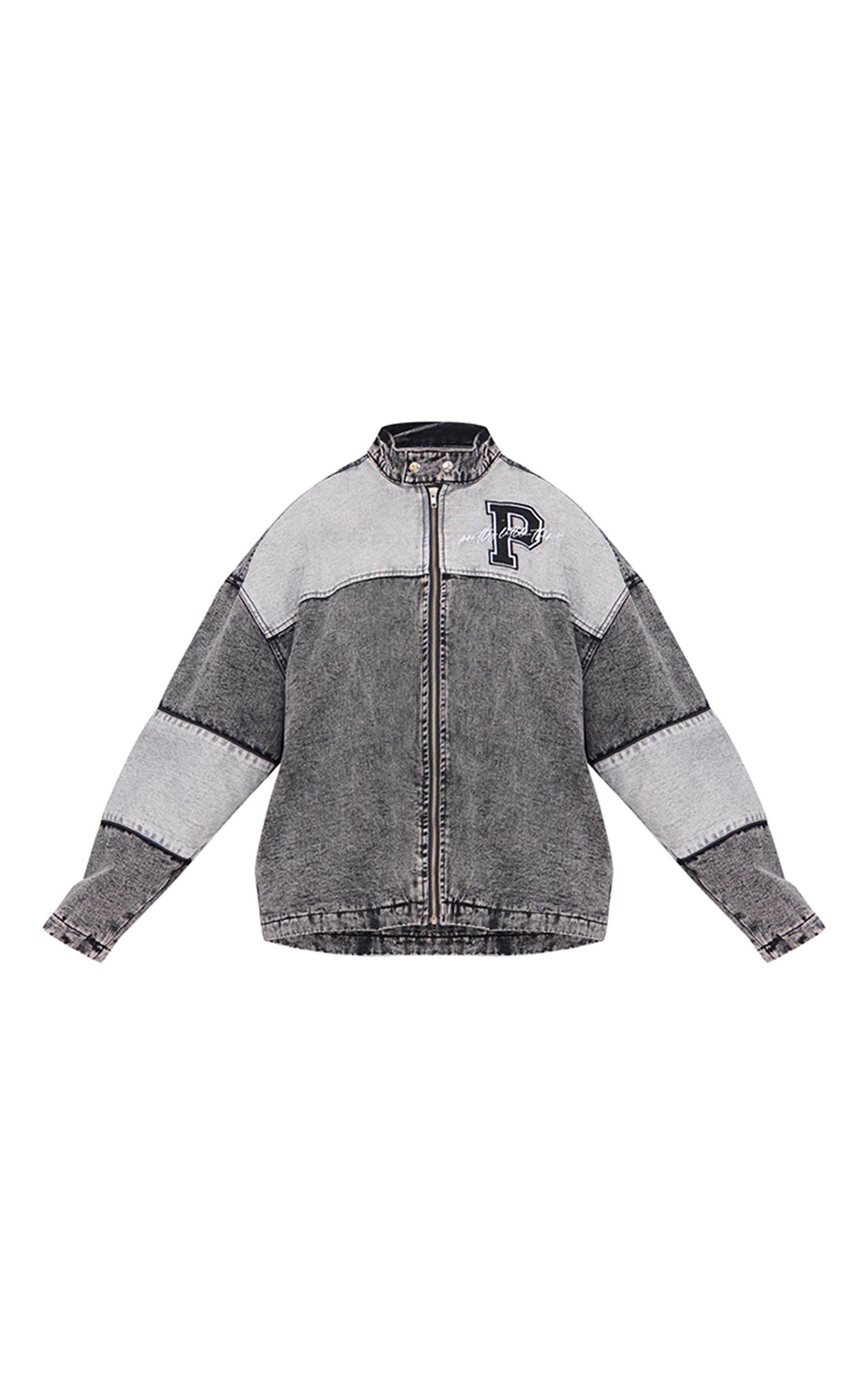 Plus Black Oversized Denim Varsity Bomber Jacket Product Image