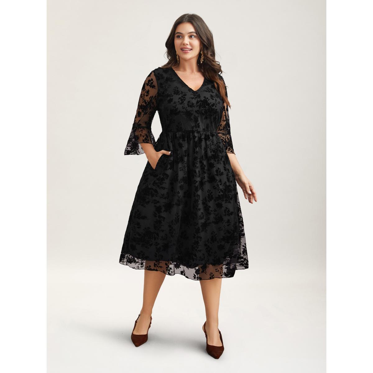 Plus Size Sheer Textured Waist-Cinched Midi Dress Black Women Elegant Texture V-neck Elbow-length sleeve Curvy BloomChic 30/6X Product Image