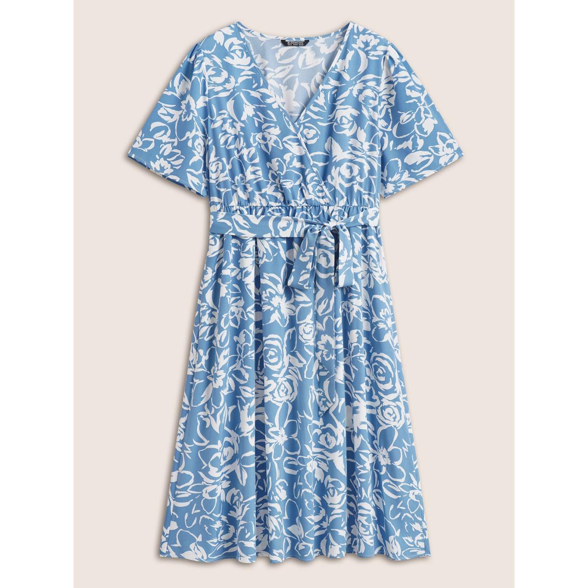 Plus Size Silhouette Floral Print Pocket Wrap Belted Dress LightBlue Women Elegant Non Overlap Collar Short sleeve Curvy Midi Dress BloomChic 18-20/2X Product Image