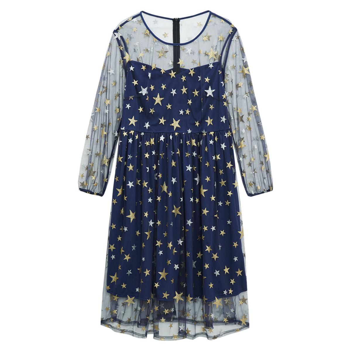 Plus Size Glitter Star Mesh Crew Neck Dress DarkBlue Women Cocktail Elastic cuffs Round Neck Long Sleeve Curvy Midi Dress BloomChic 18-20/2X Product Image