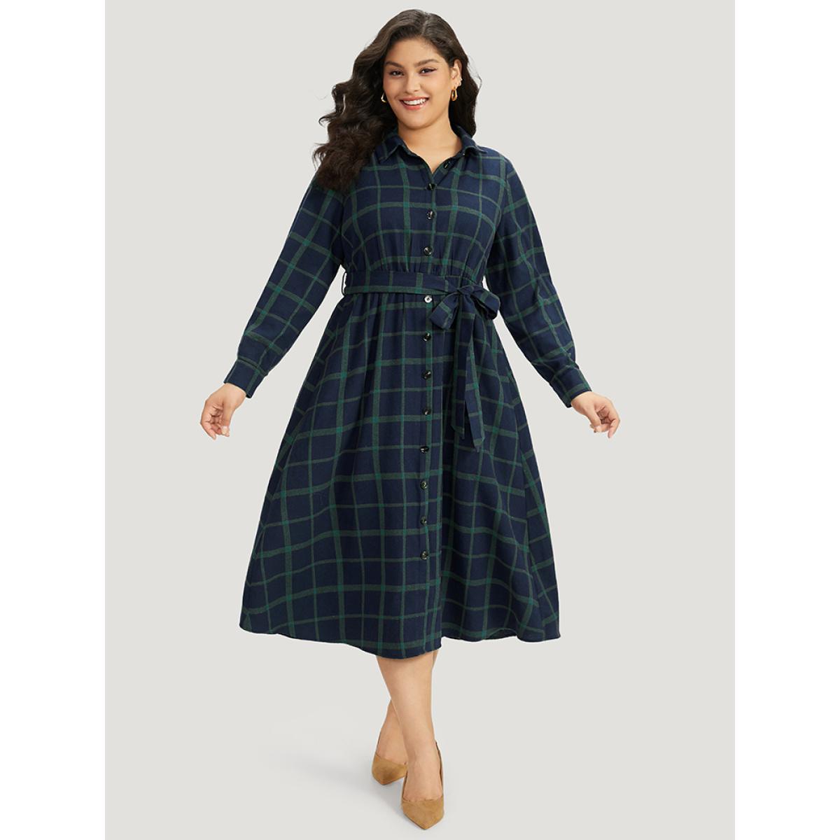 Plus Size Plaid Shirt Collar Button Fly Belted Dress Blue Women Office Belted Shirt collar Long Sleeve Curvy Midi Dress BloomChic 26/4X Product Image