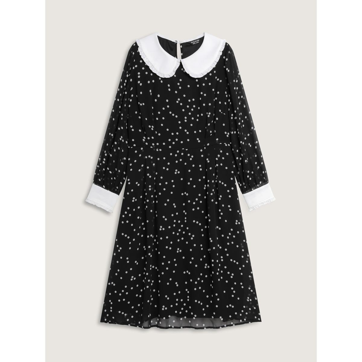 Plus Size Polka Dots Doll Collar Contrast Midi Dress Black Women Timeless Contrast Peter Pan collar Long Sleeve Curvy BloomChic 26/4X Product Image