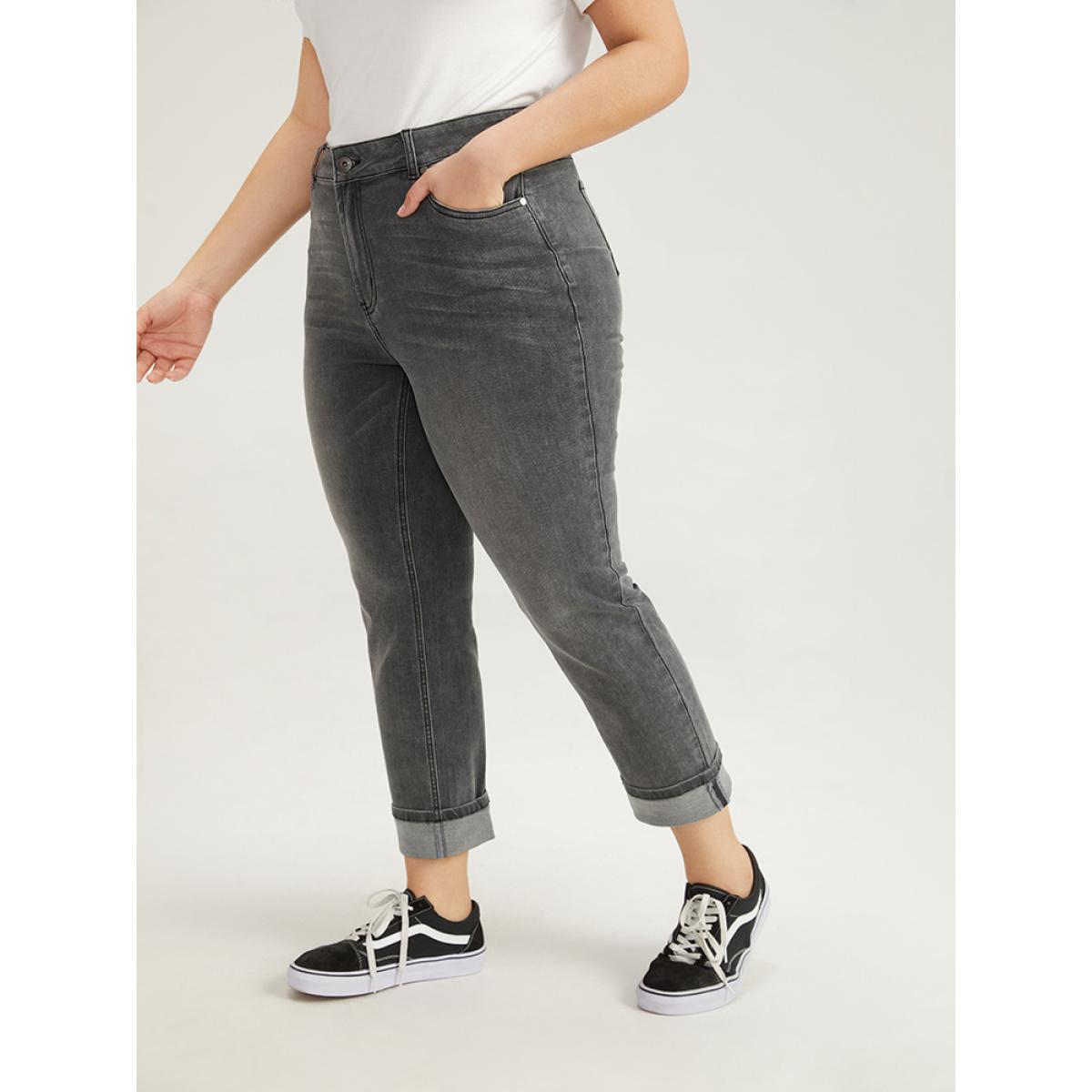 Plus Size Solid Roll Hem Black Wash Jeans Women LightGray Casual Plain Roll Hem High stretch Pocket Jeans BloomChic 22/3X Product Image