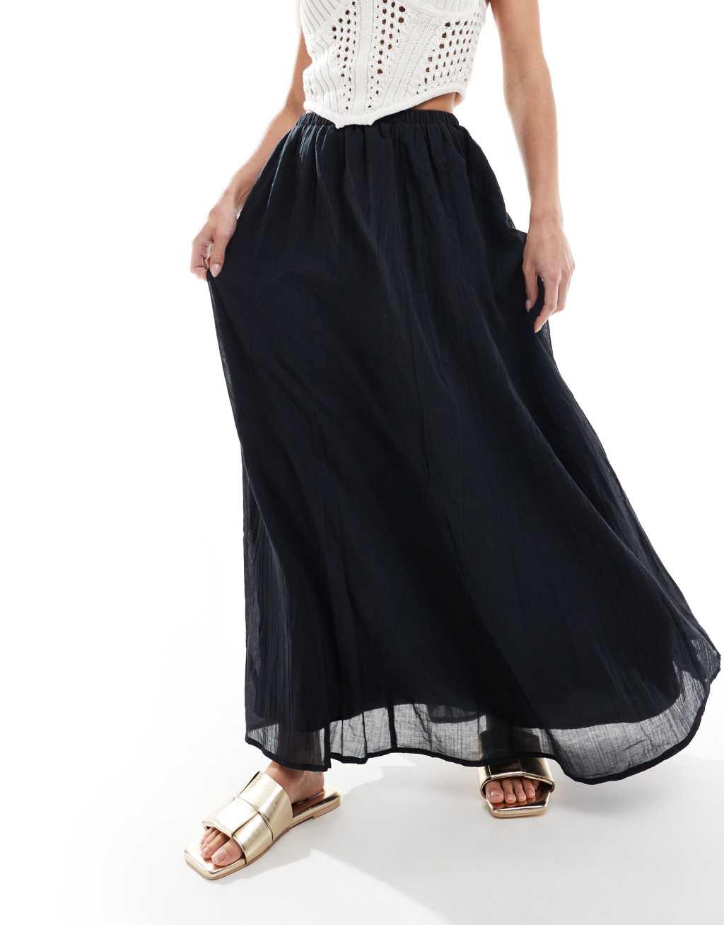 ASOS DESIGN petite cotton godet maxi skirt in black Product Image