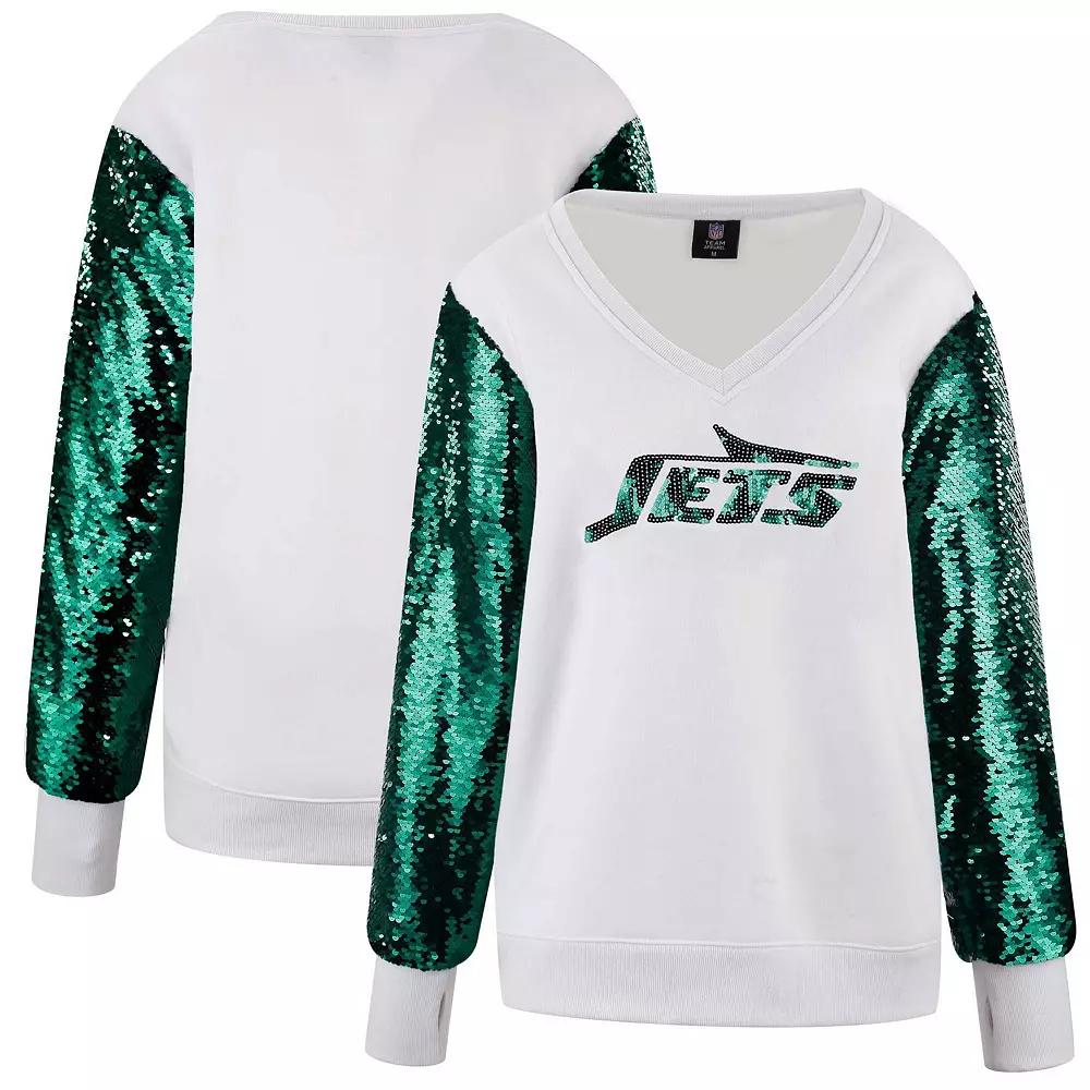 Women's Cuce White New York Jets Sequin Sleeve V-Neck Pullover Sweatshirt, Size: 2XL Product Image