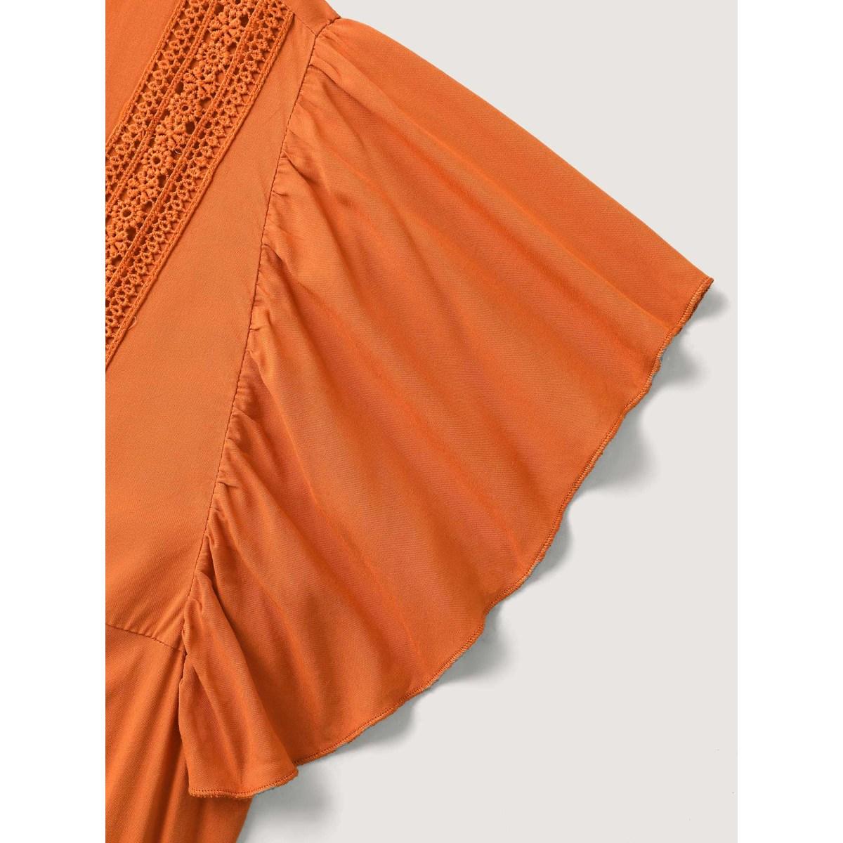 Plus Size Rayon Stretchy Waist Lace Midi Dress OrangeRed Women Boho V-neck Short sleeve Curvy BloomChic 12/L Product Image