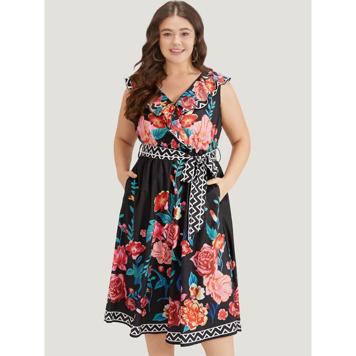 Plus Size Floral Print Surplice Neck Belted Tank Dress Black Women Vacation Belted V-neck Sleeveless Curvy Midi Dress BloomChic 30/6X Product Image
