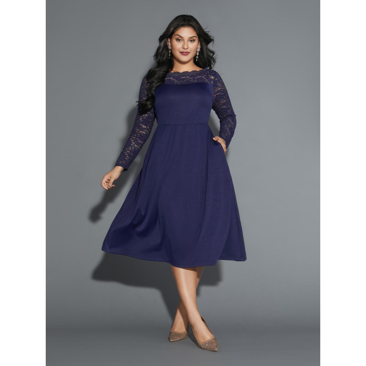 Plus Size Boat Neck Floral Crochet Lace Mesh Dress Indigo Women Cocktail Woven ribbon&lace trim Party Curvy Bloomchic 28/5X Product Image