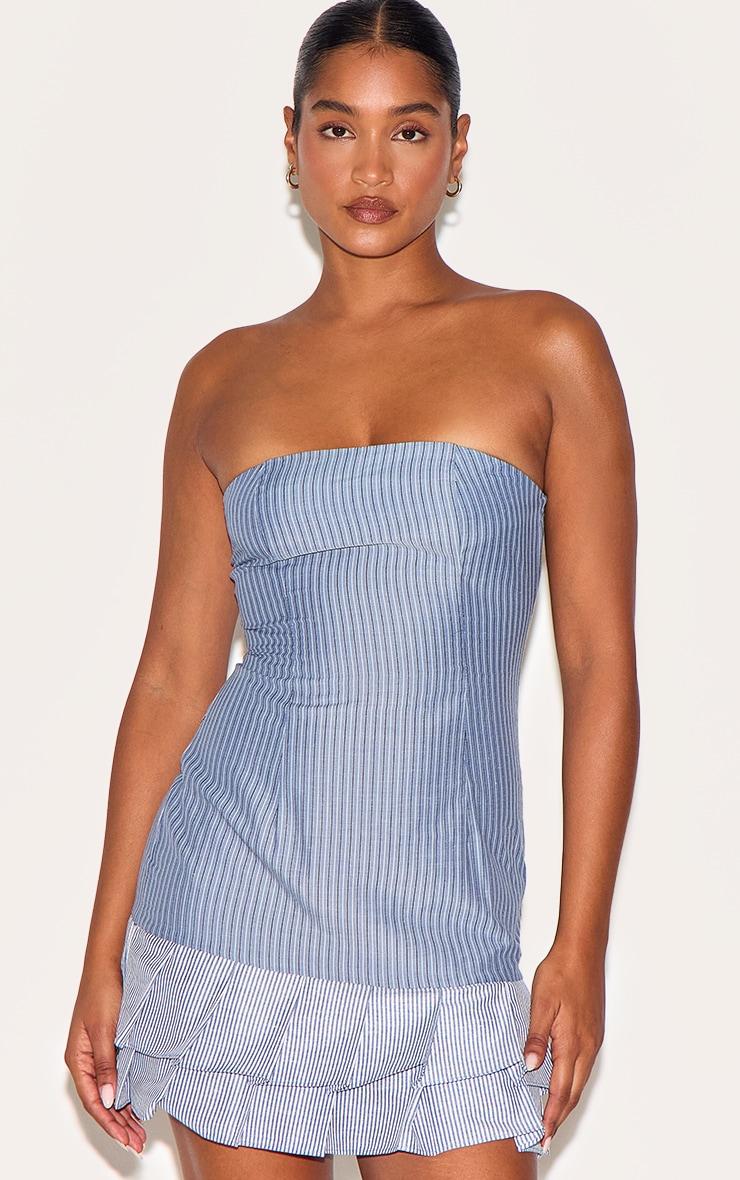 Blue Contrast Pinstripe Bandeau Shift Dress Product Image