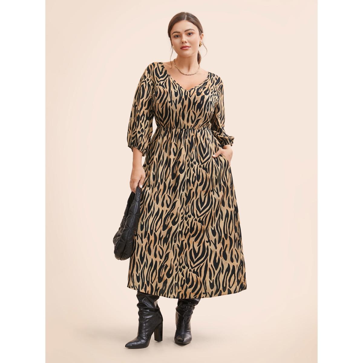 Plus Size Leopard Print Tie Knot Lantern Sleeve Dress Yellowishbrown Women Workwear Essentials Tie knot V-neck Elbow-length sleeve Curvy BloomChic 28/5X Product Image