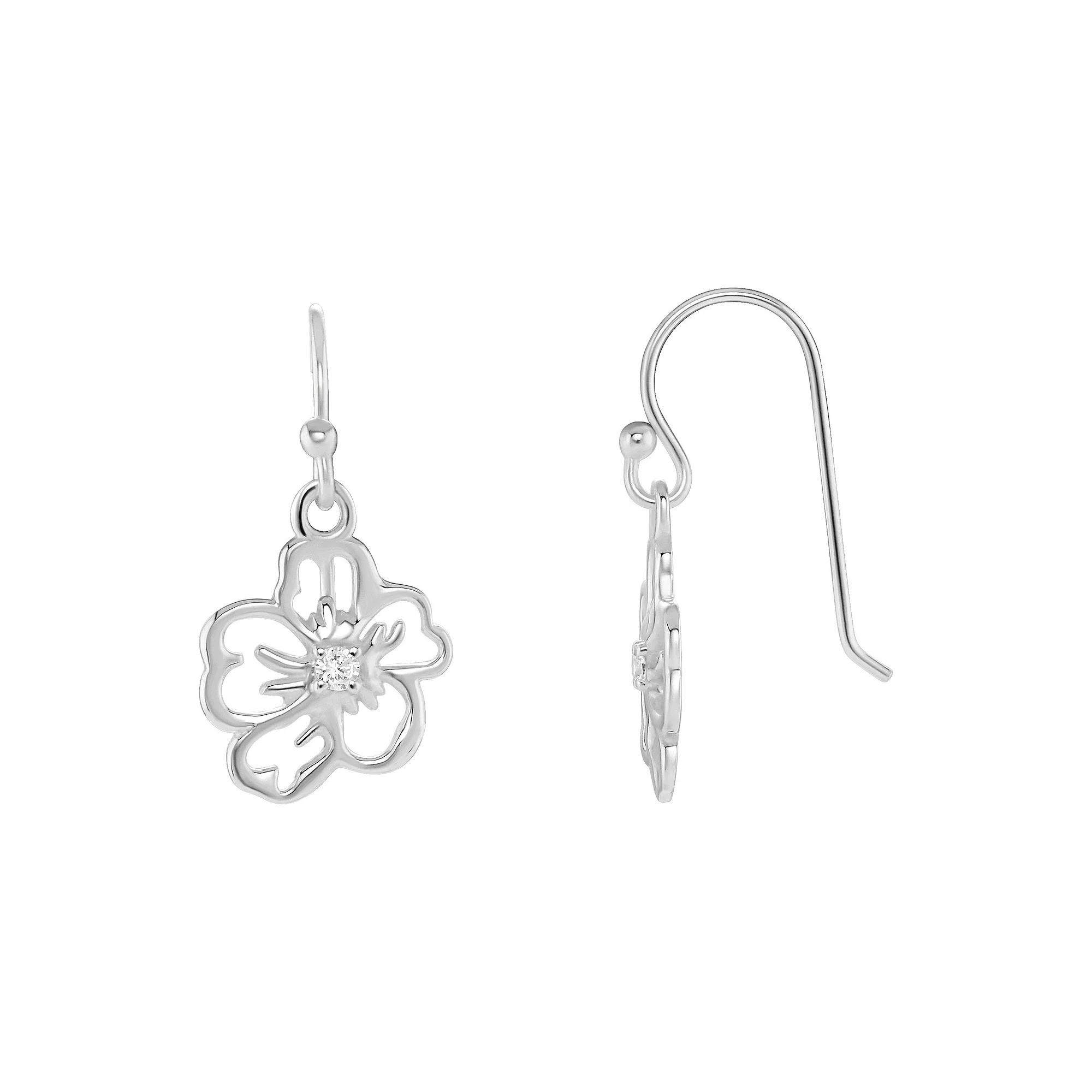 PRIMROSE Sterling Silver Polished Flower & Cubic Zirconia Drop Earrings, Women's, Silver Tone Product Image