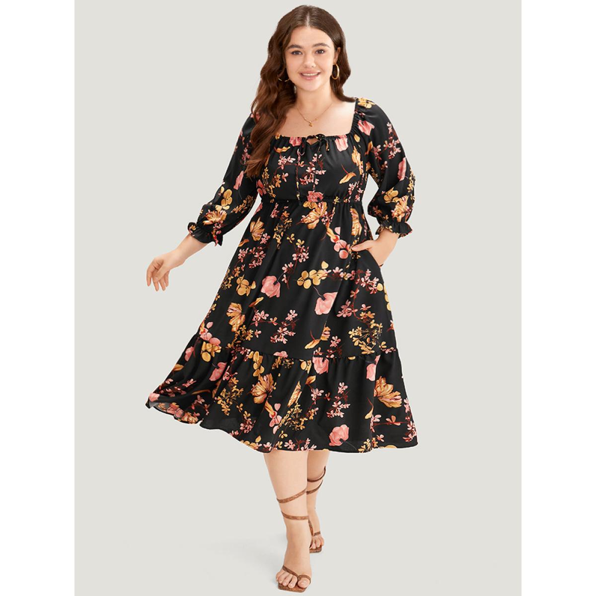 Plus Size Floral Print Bowknot Flutter Trim Tiered Dress Black Women Elegant Gathered Square Neck Elbow-length sleeve Curvy Midi Dress BloomChic 26/4X Product Image