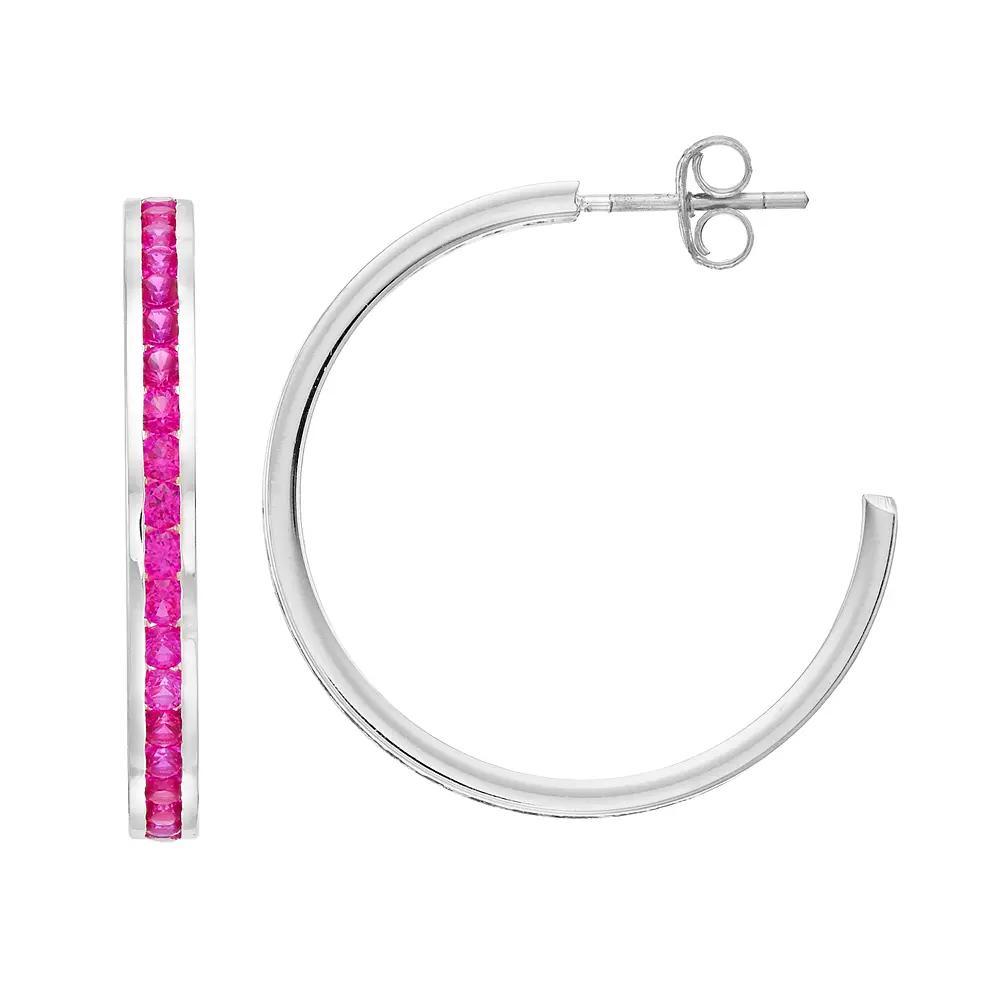 Traditions Jewelry Company Sterling Silver Channel-Set Lab-Created Ruby Birthstone Hoop Earrings, Women's Product Image