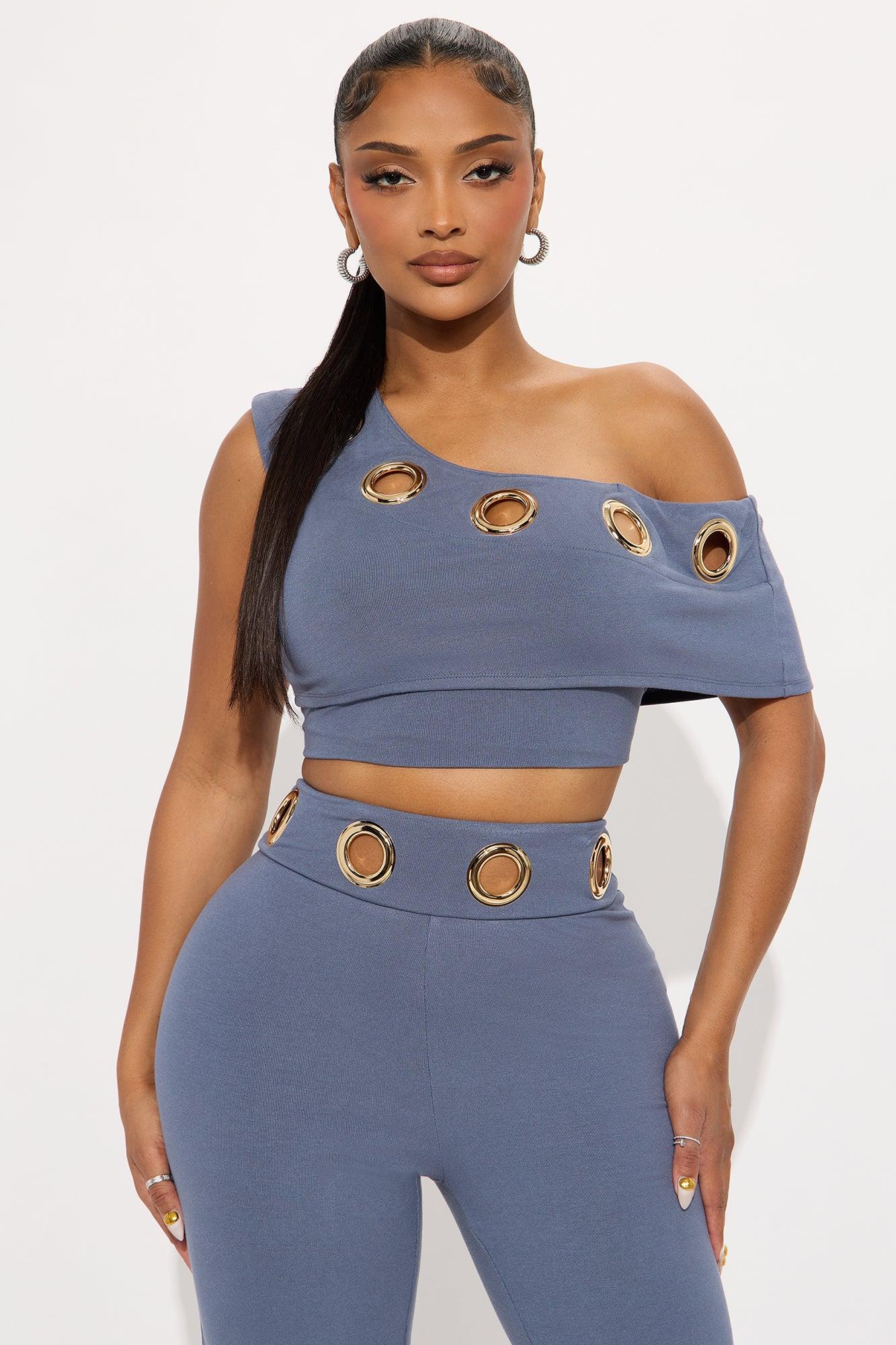 Lia Off Shoulder Grommet Pant Set - Slate Blue Female Product Image