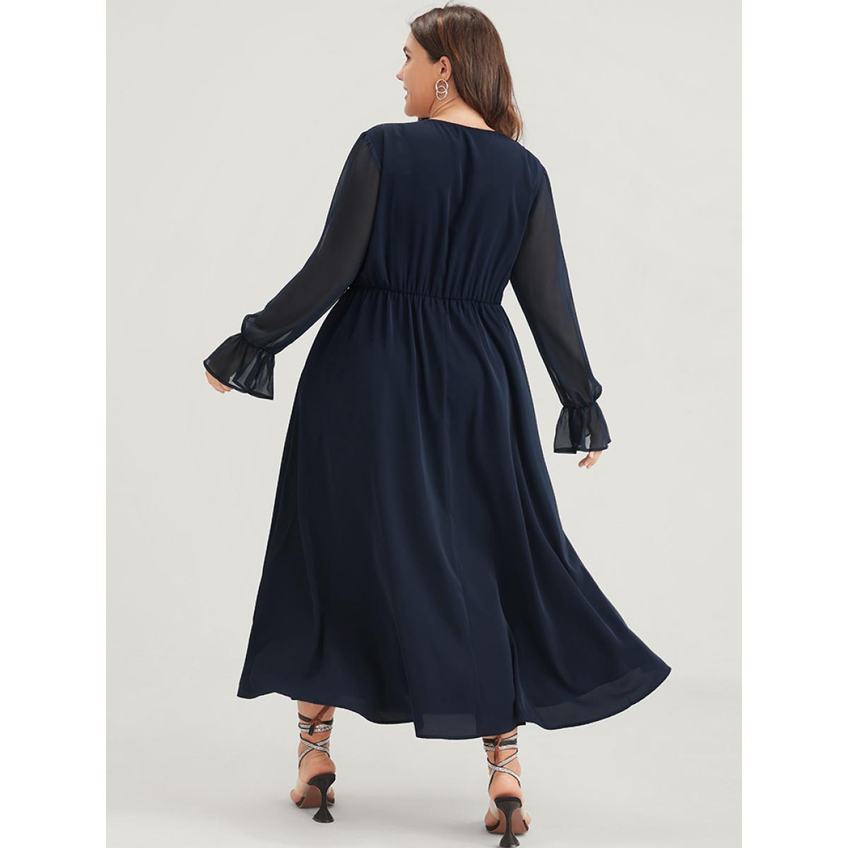 Plus Size Solid Button Split Pocket Wrap Lantern Sleeve Ruffles Hem Dress DarkBlue Women Casual Wrap V-neck Long Sleeve Curvy Midi Dress BloomChic 30/6X Product Image