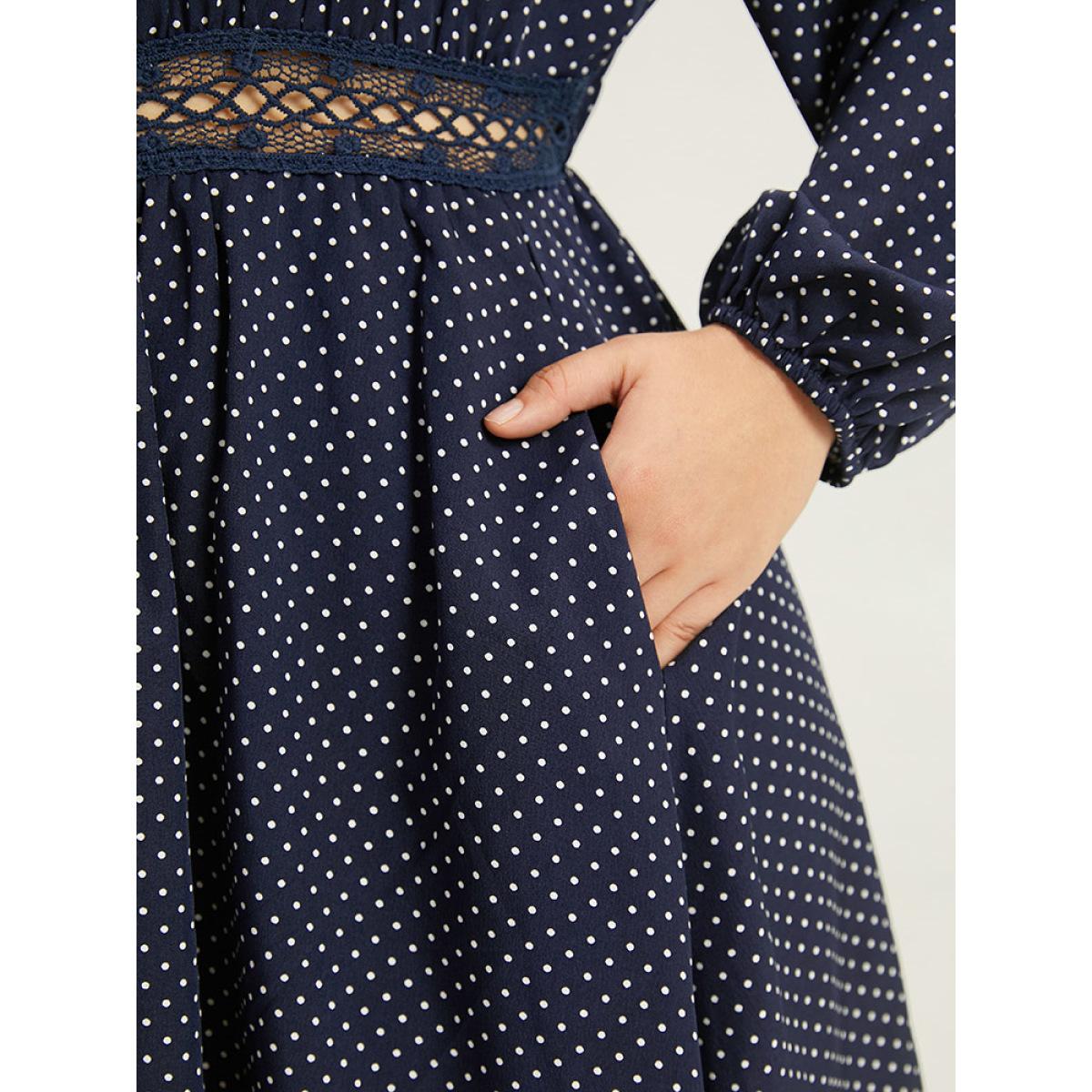 Plus Size Polka Dot Keyhole Lace Panel Dress Indigo Women Office Elastic cuffs Keyhole Cut-Out Long Sleeve Curvy Knee Dress BloomChic 14-16/1X Product Image