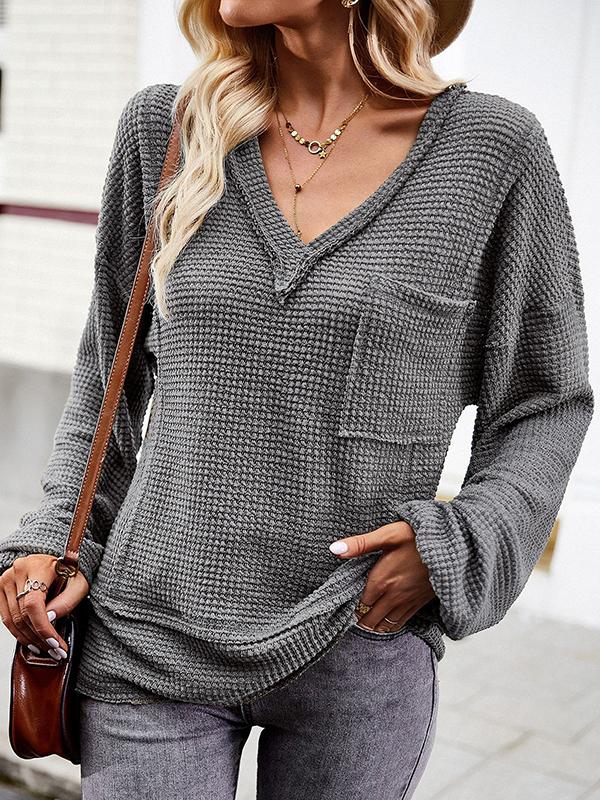 Long Sleeves Loose Elasticity Pockets Solid Color Split-Joint V-Neck T-Shirts Tops Product Image