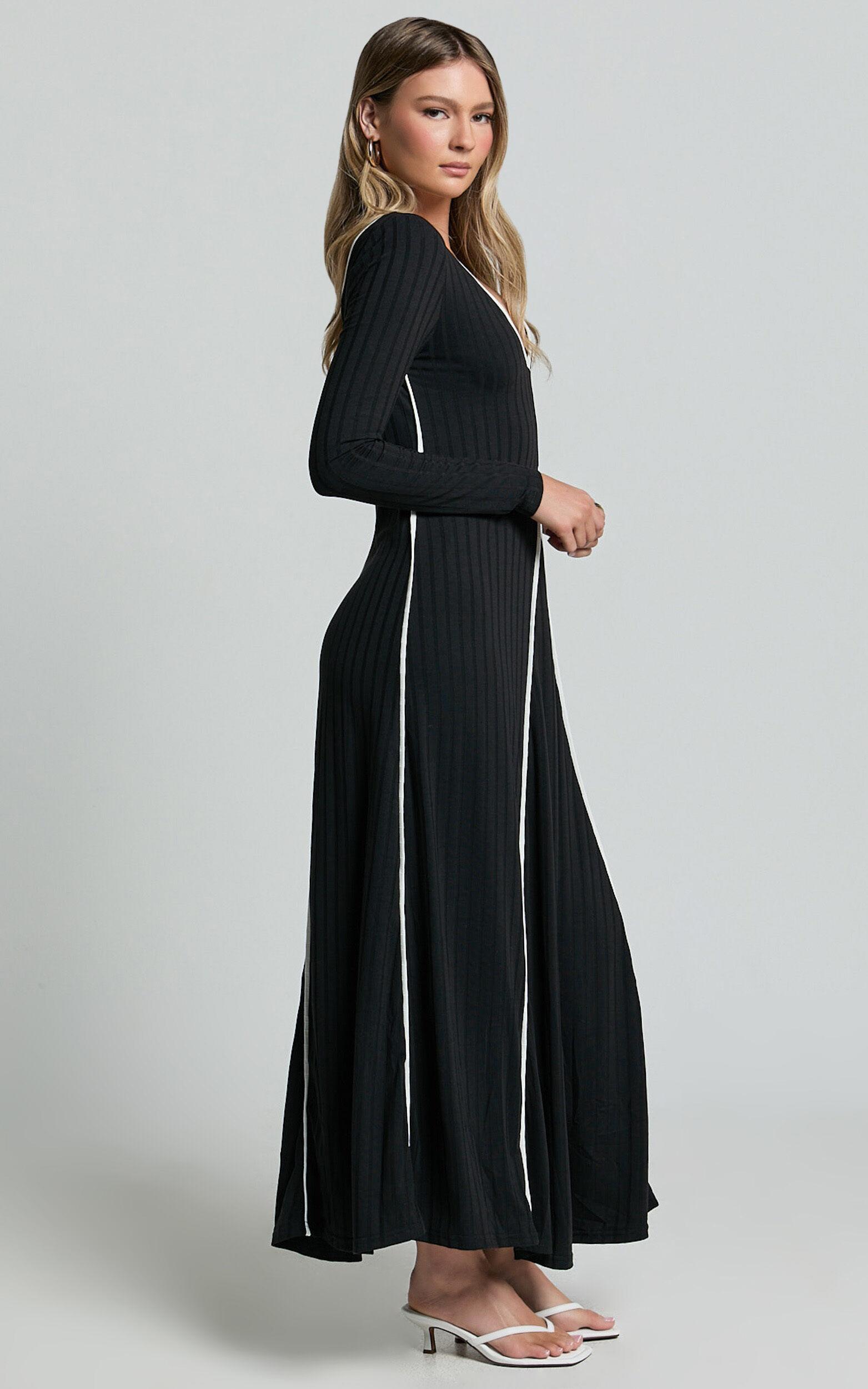 Margie Midi Dress - Long Sleeve Contrast Bind Ribbed Dress in Black Product Image