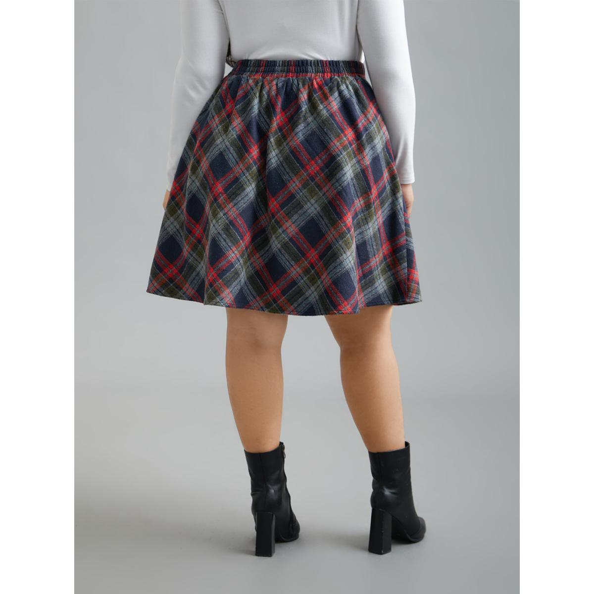 Plus Size Plaid Pattern Elastic Waist A-line Mini Skirt Women Moss Elegant Low stretch Slanted pocket Everyday Skirts BloomChic 10/M Product Image