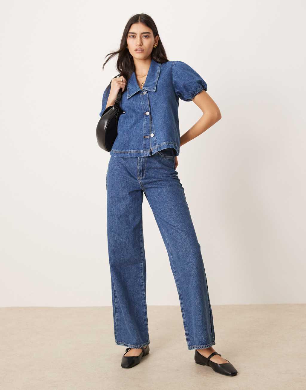 ASOS DESIGN collared shirt with puff sleeves in mid blue Product Image