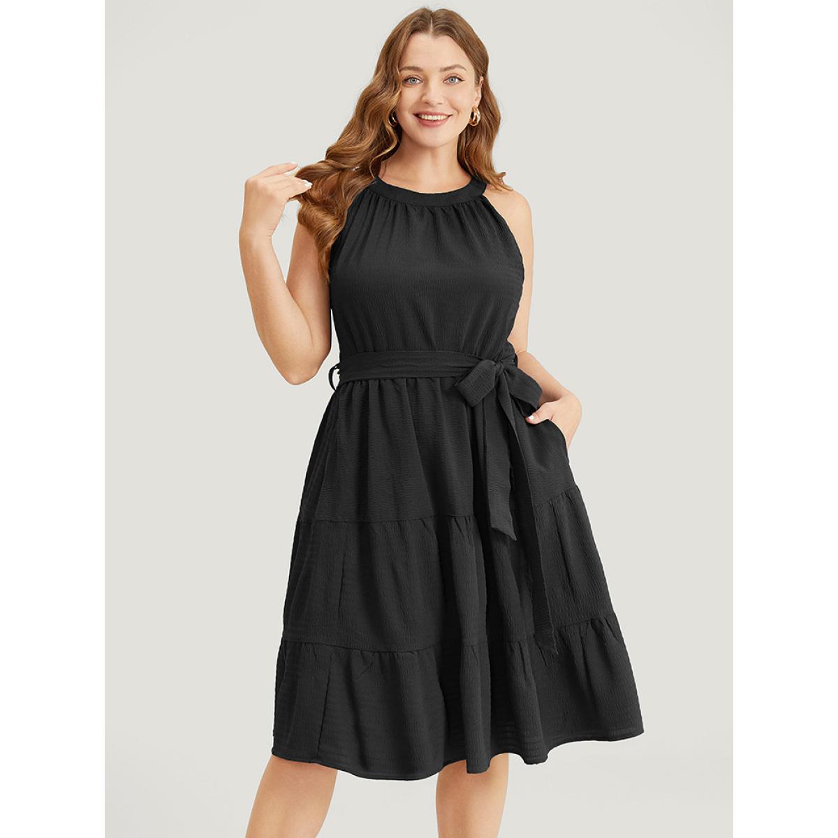 Plus Size Solid Knot Halter Pocket Belted Ruffles Tiered Hem Dress Black Women Elegant Gathered Halter neck Sleeveless Curvy Knee Dress BloomChic 12/L Product Image