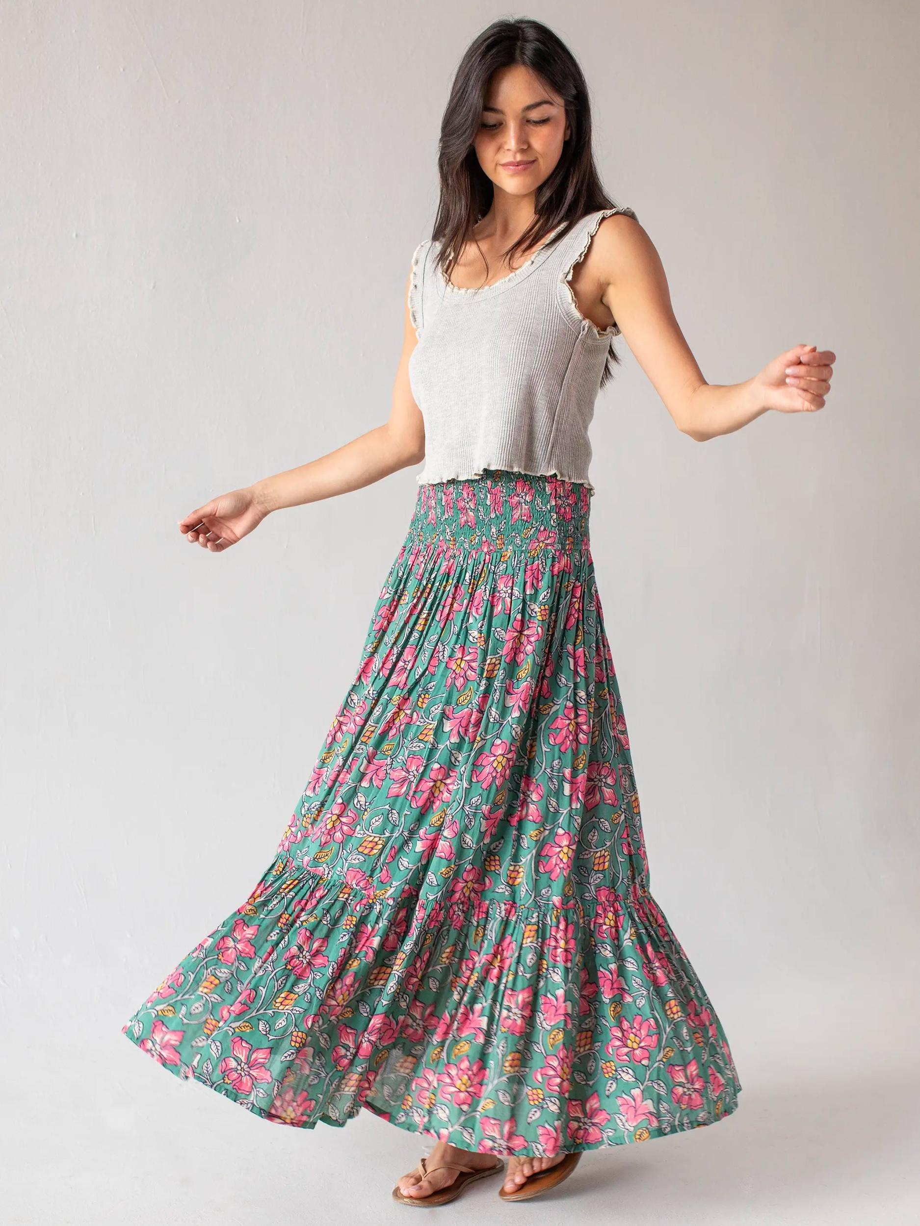 Flora Convertible Maxi Skirt - Teal Pink Lilies Cotton Product Image