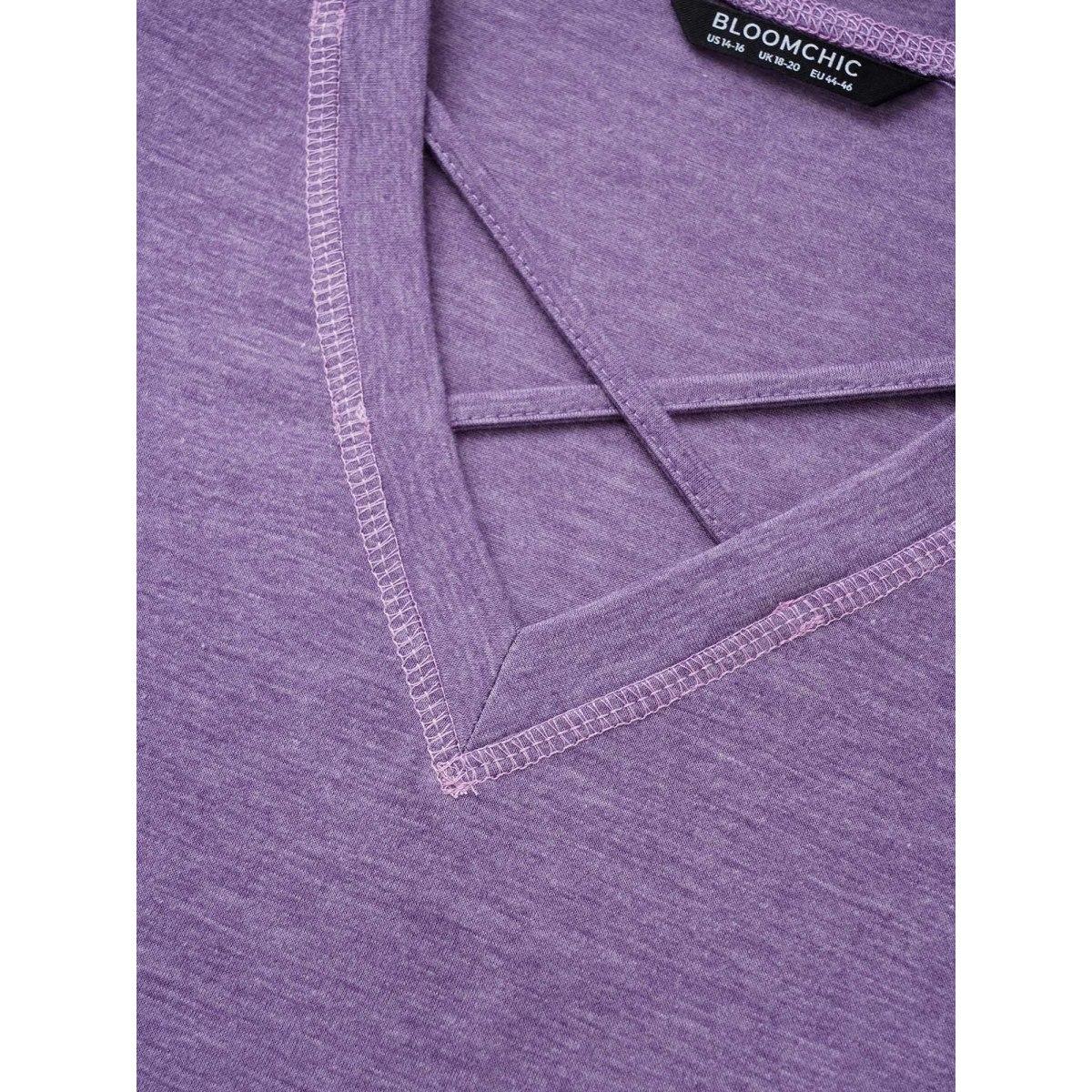 Plus Size Solid Crisscross Neck Contrast Stitch T-shirt Mauve Women Leisure Plain V-neck Casual T-shirts BloomChic 14-16/1X Product Image