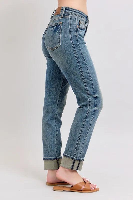 88946   Alina Mid-Rise Vintage Wash Double Roll Cuff Boyfriend Judy Blue Jeans Product Image
