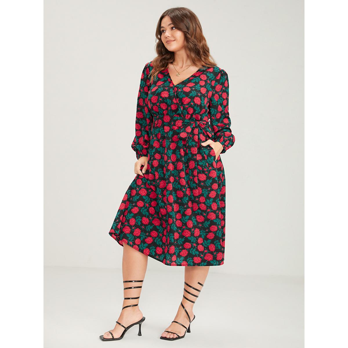Plus Size Floral Printed Wrap Pocket Lantern Sleeve Belted Dress Black Women Elegant Printed V-neck Long Sleeve Curvy Midi Dress BloomChic 18-20/2X Product Image