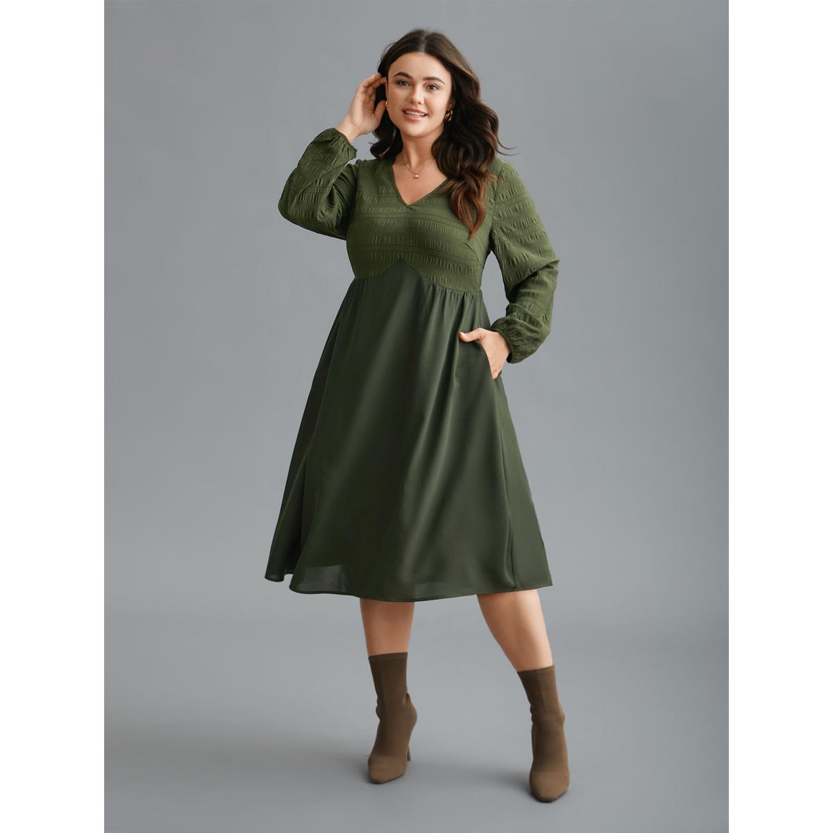 Plus Size V-Neck Splicing Textured Knit Dress ArmyGreen Women Elegant Texture Knit Dresses Bloomchic 28/5X Product Image
