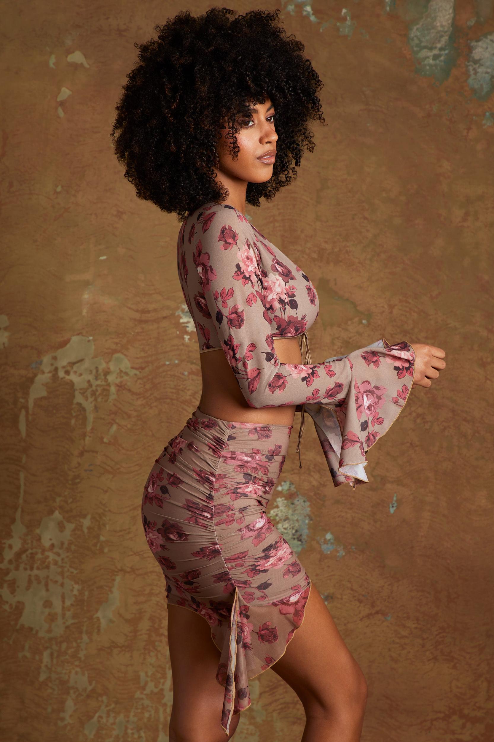 Frill Hem Mini Skirt in Beige Print Product Image