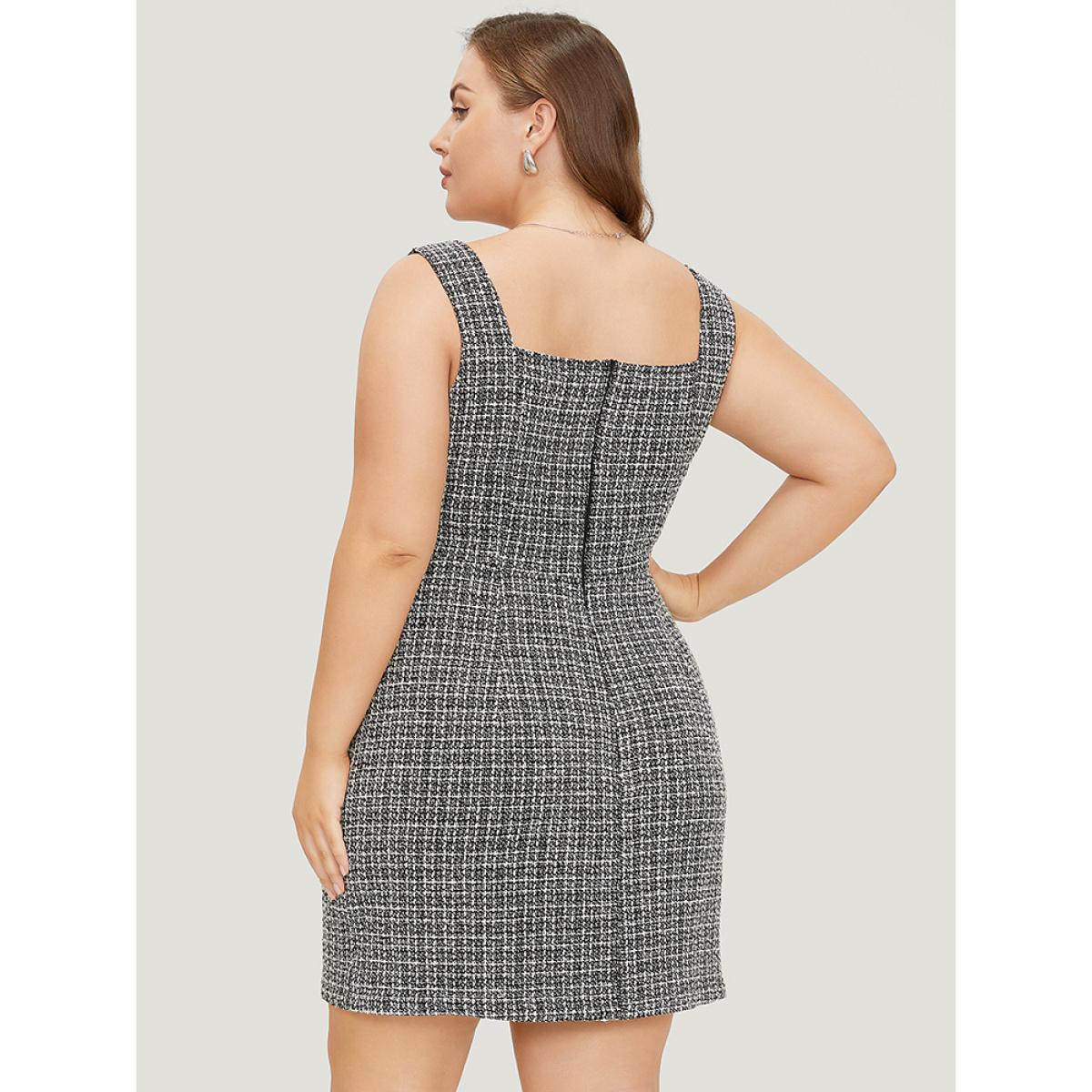 Plus Size Plaid Tweed Zipper Pearl Beaded Tank Dress Black Women Office Zipper Square Neck Sleeveless Curvy Short Dress BloomChic 22-24/3X Product Image