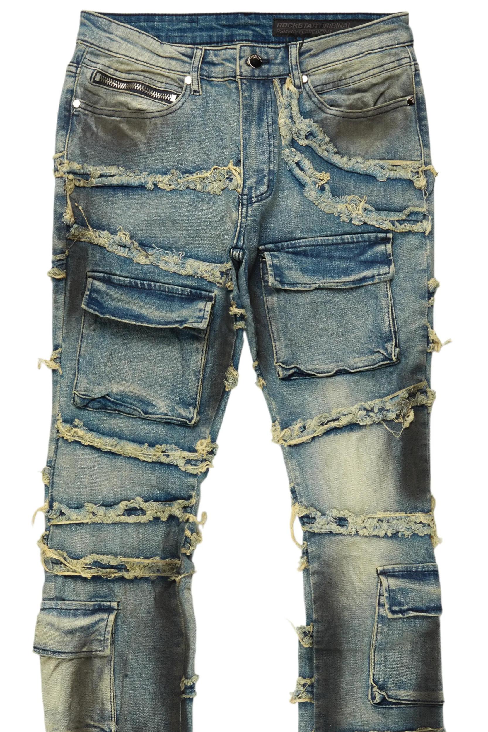 Yves Blue Stacked Flare Cargo Jean Male Product Image
