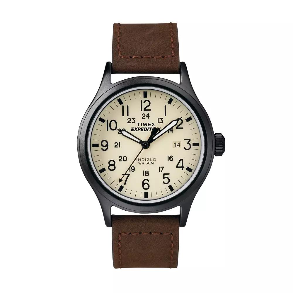Men's Timex Expedition Scout Watch with Leather Strap - Black/Brown T49963JT Product Image