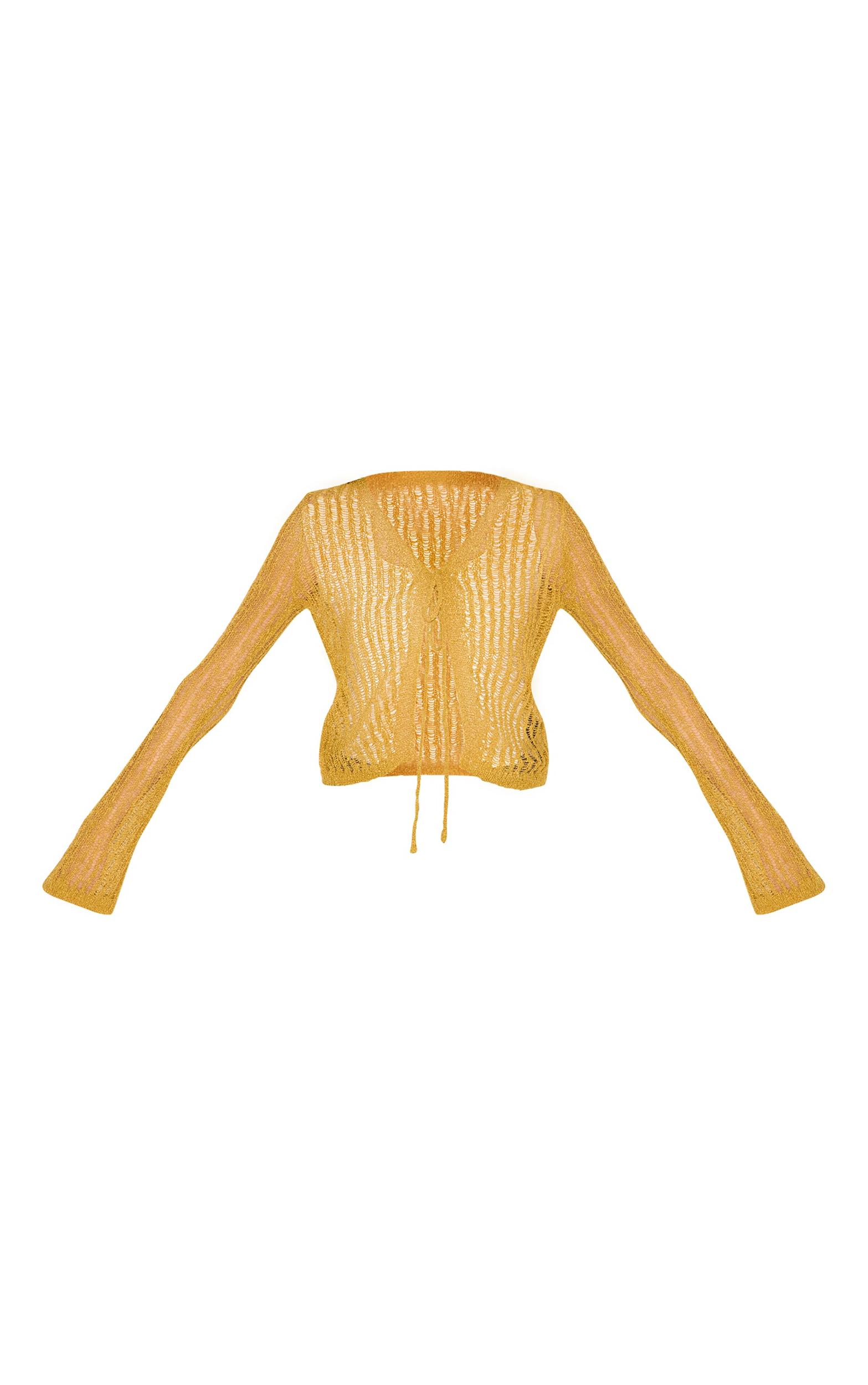 Olive Ladder Knit Sheer Cropped Tie Front Top Product Image