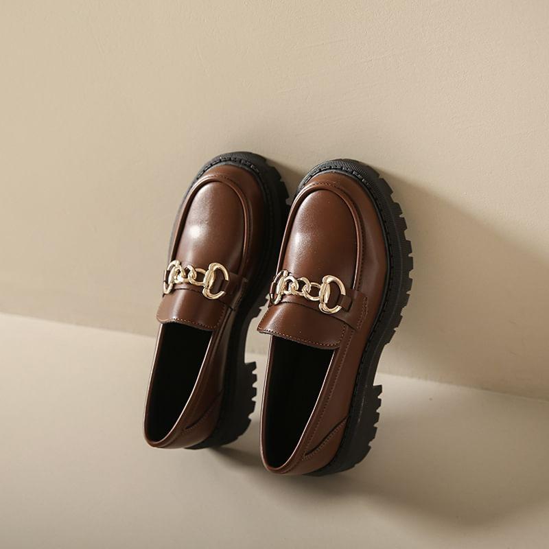 Platform Plain Chained Faux Leather Loafers Product Image