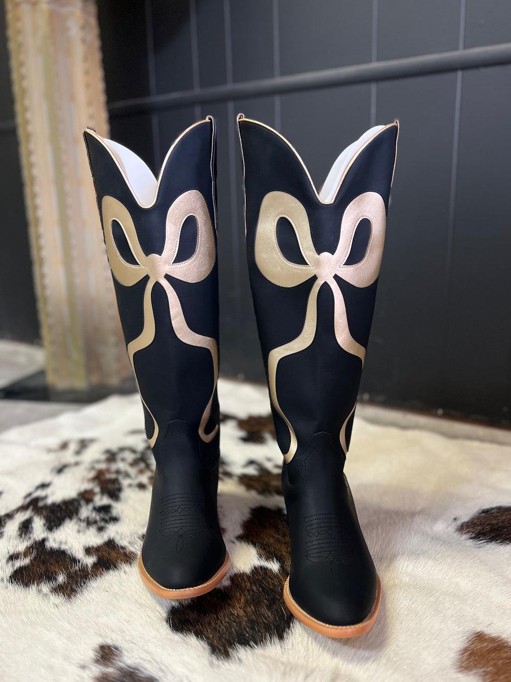 Black and Gold Bow Boots Product Image
