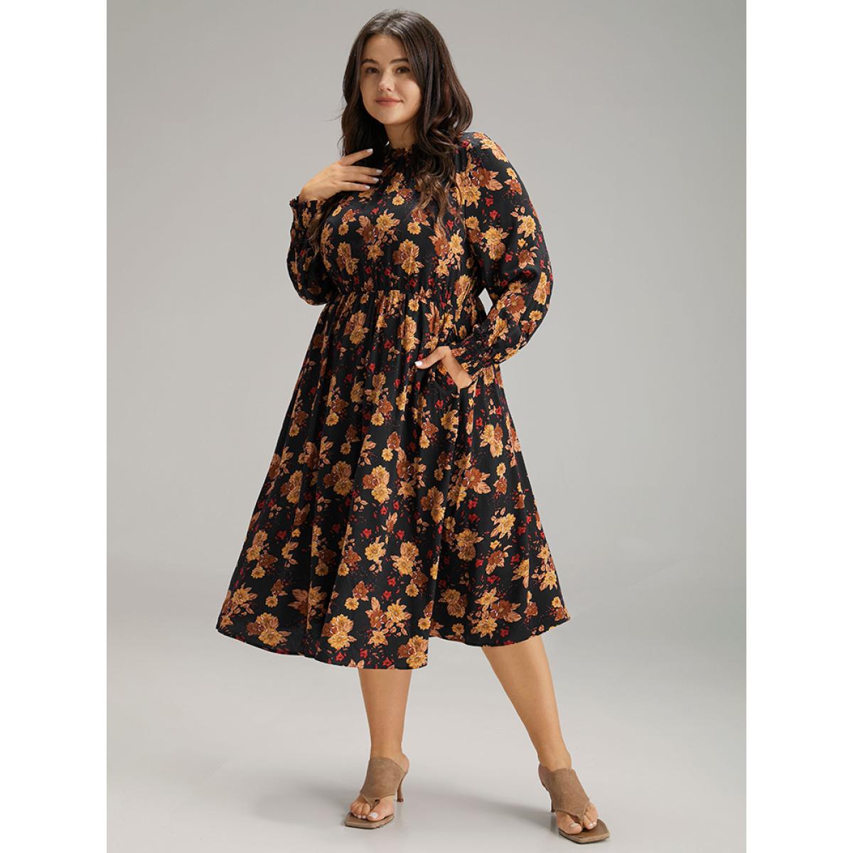 Plus Size Supersoft Essentials Floral Print Mock Neck Dress Black Women Elegant Printed Mock Neck Long Sleeve Curvy Midi Dress BloomChic 28/5X Product Image