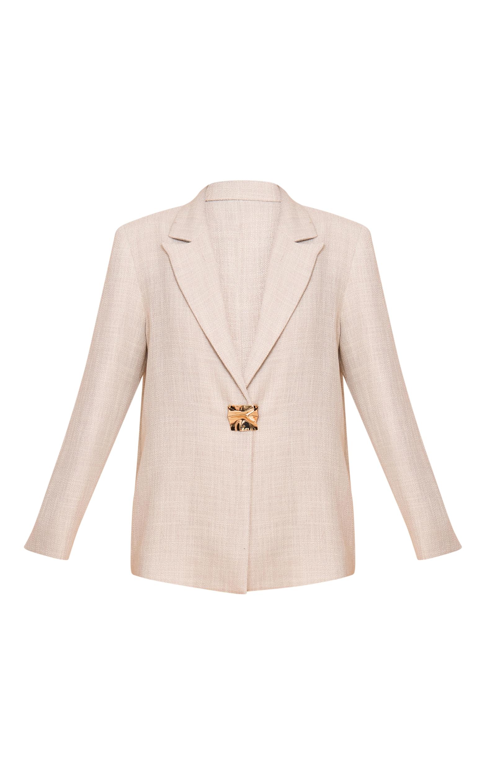 Beige Button Detail Linen Look Boxy Blazer Product Image