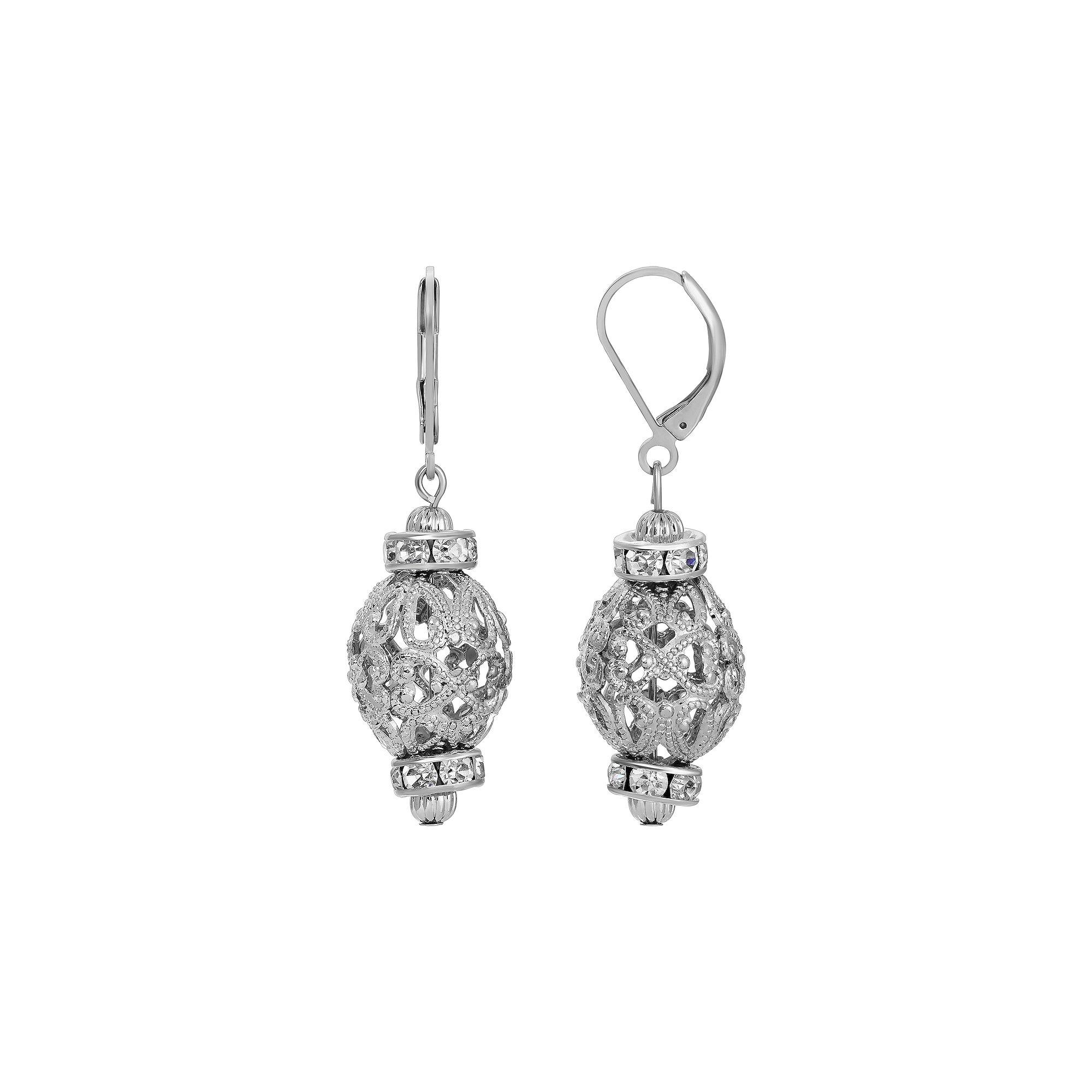 1928 Silver Tone Filigree Crystal Drop Earrings, Womens Product Image