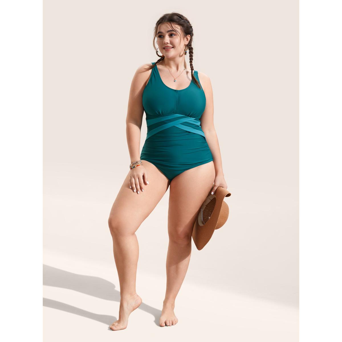 Plus Size Two Tone Crossover Gathered One Piece Swimsuit Women's Swimwear Cyan Beach Overlapping Curve Bathing Suits High stretch One Pieces BloomChic 14-16/1X Product Image