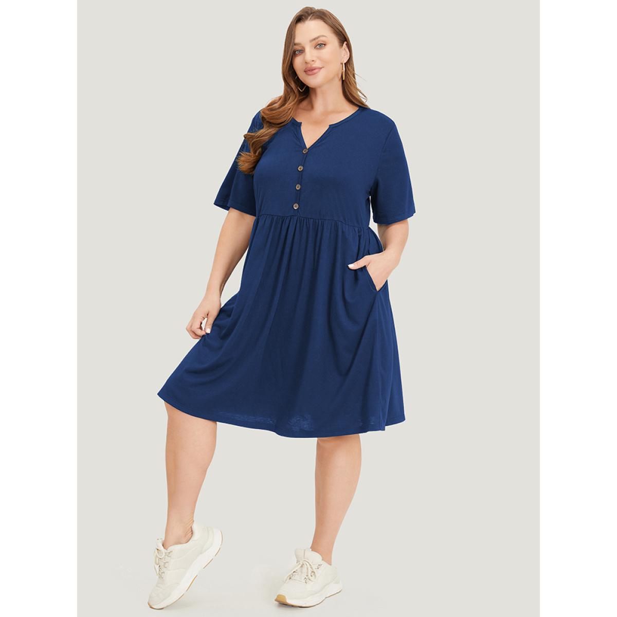 Plus Size Solid Notched Pocket Flutter Hem Dress DarkBlue Women Casual Elastic Waist Notched collar Short sleeve Curvy Midi Dress BloomChic 18-20/2X Product Image