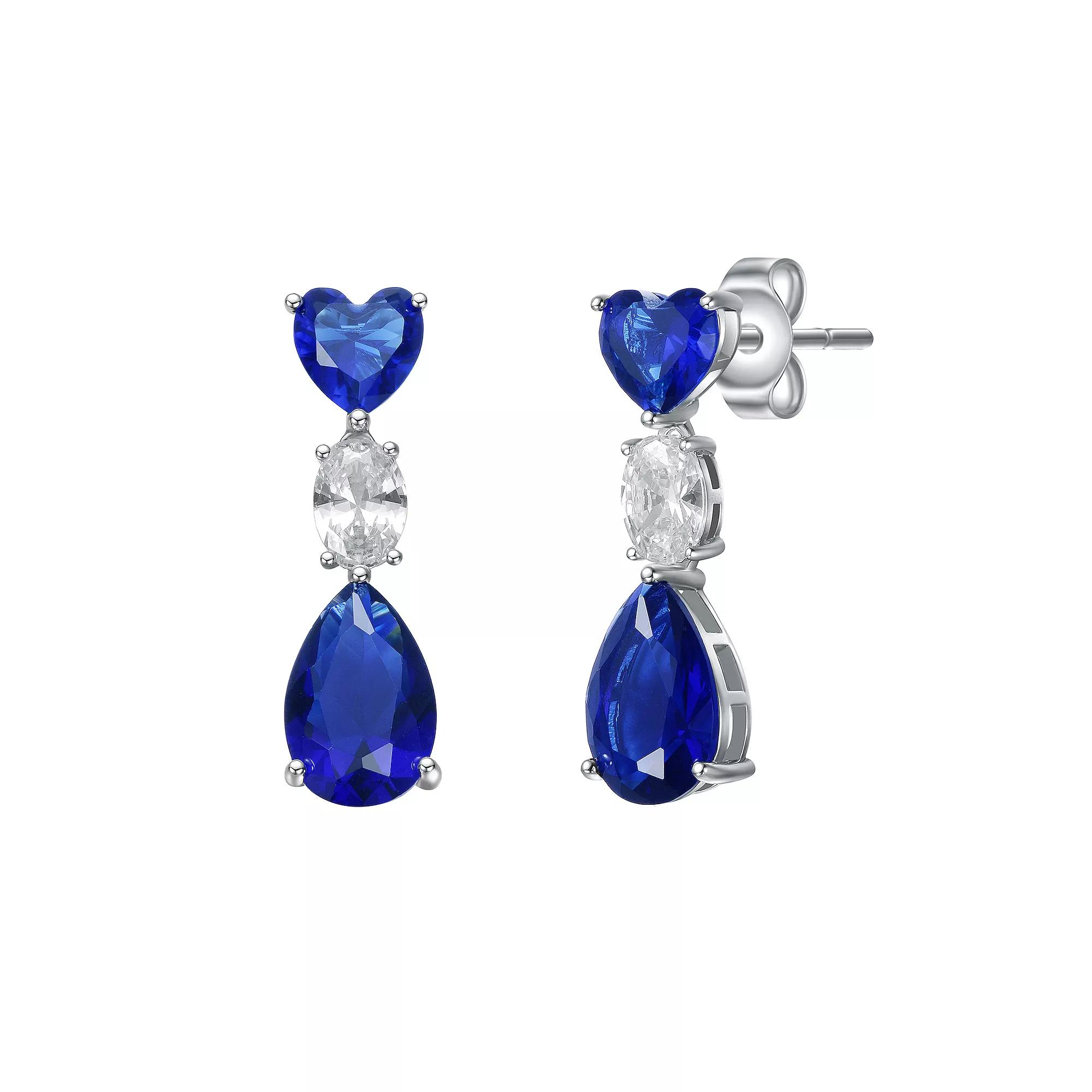 Sterling Silver Blue & White Cubic Zirconia Three-Stone Linear Dangle Earrings, Women's Product Image