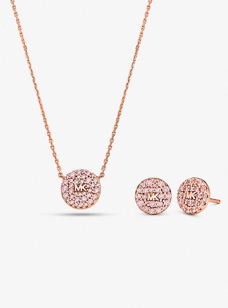 14K -Plated Sterling Silver Pavé Logo Disc Earrings and Necklace Set Product Image
