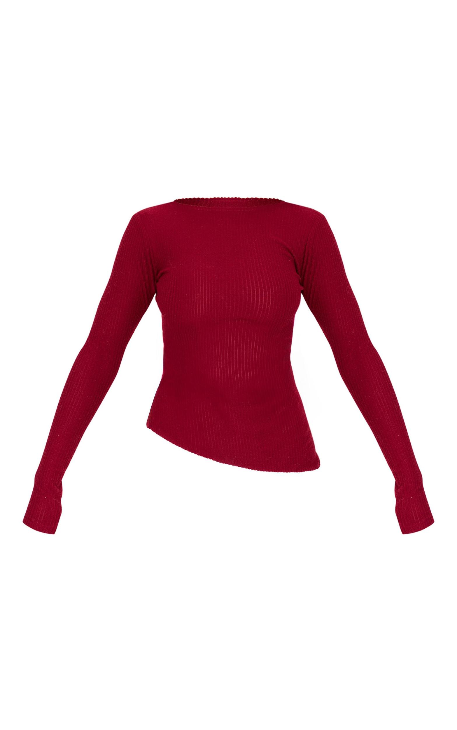 Burgundy Brushed Rib Asymmetric Hem Shift Dress Product Image