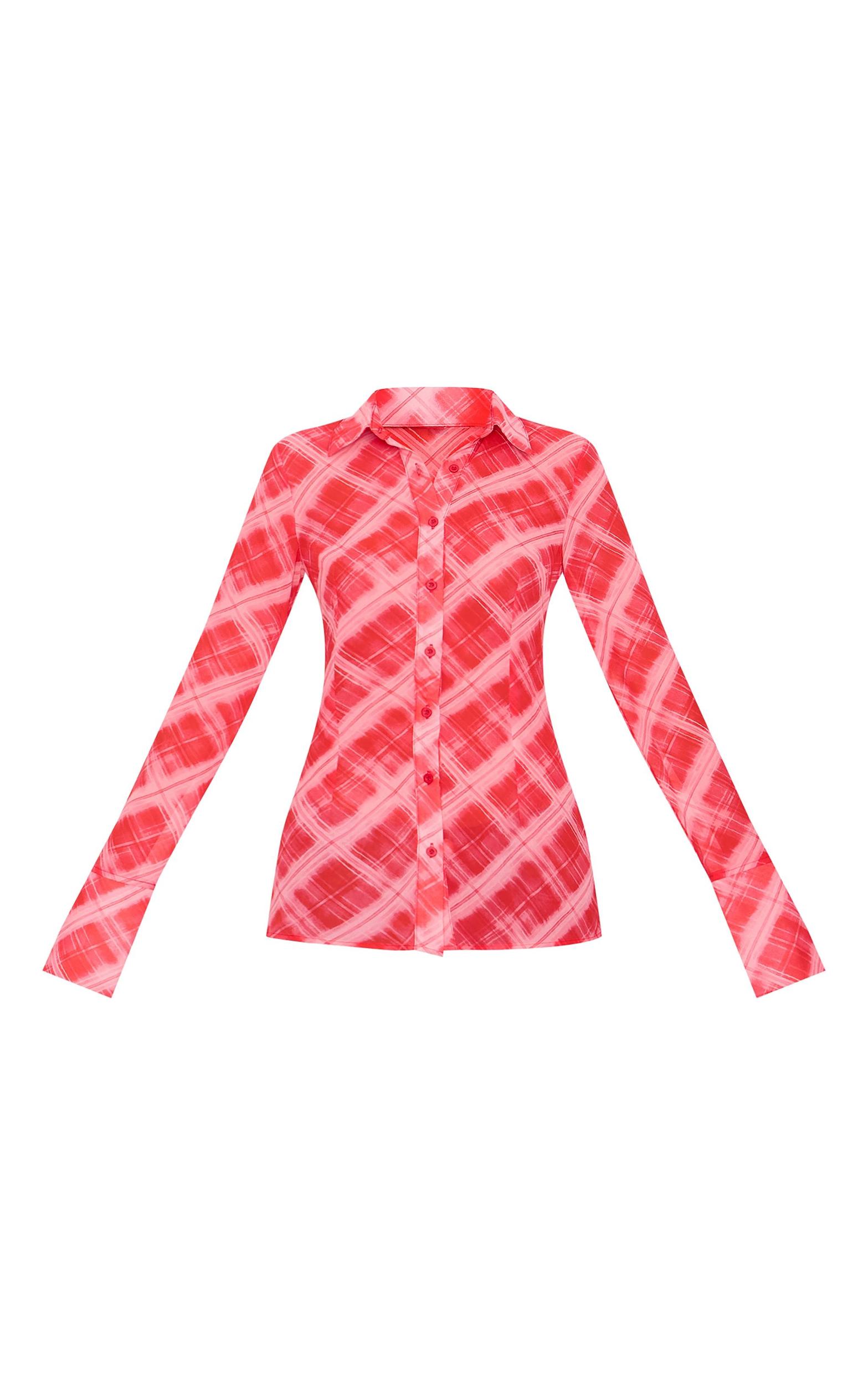 Red Check Print Chiffon Fitted Shirt Product Image