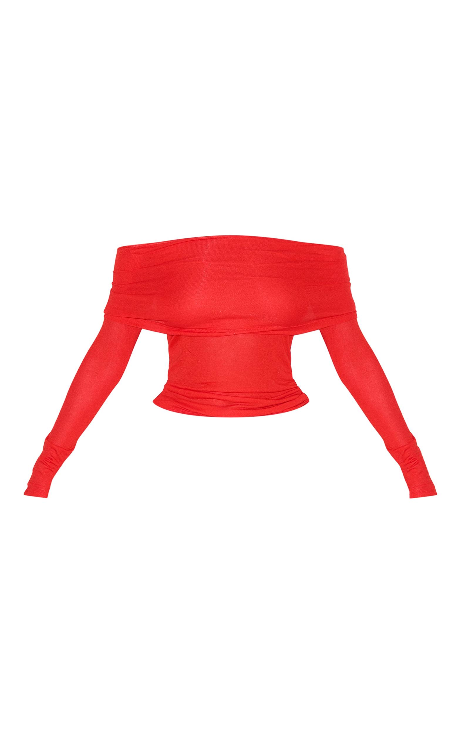 Tomato Red Sheer Soft Touch Fold Over Detail Bardot Long Sleeve Top Product Image