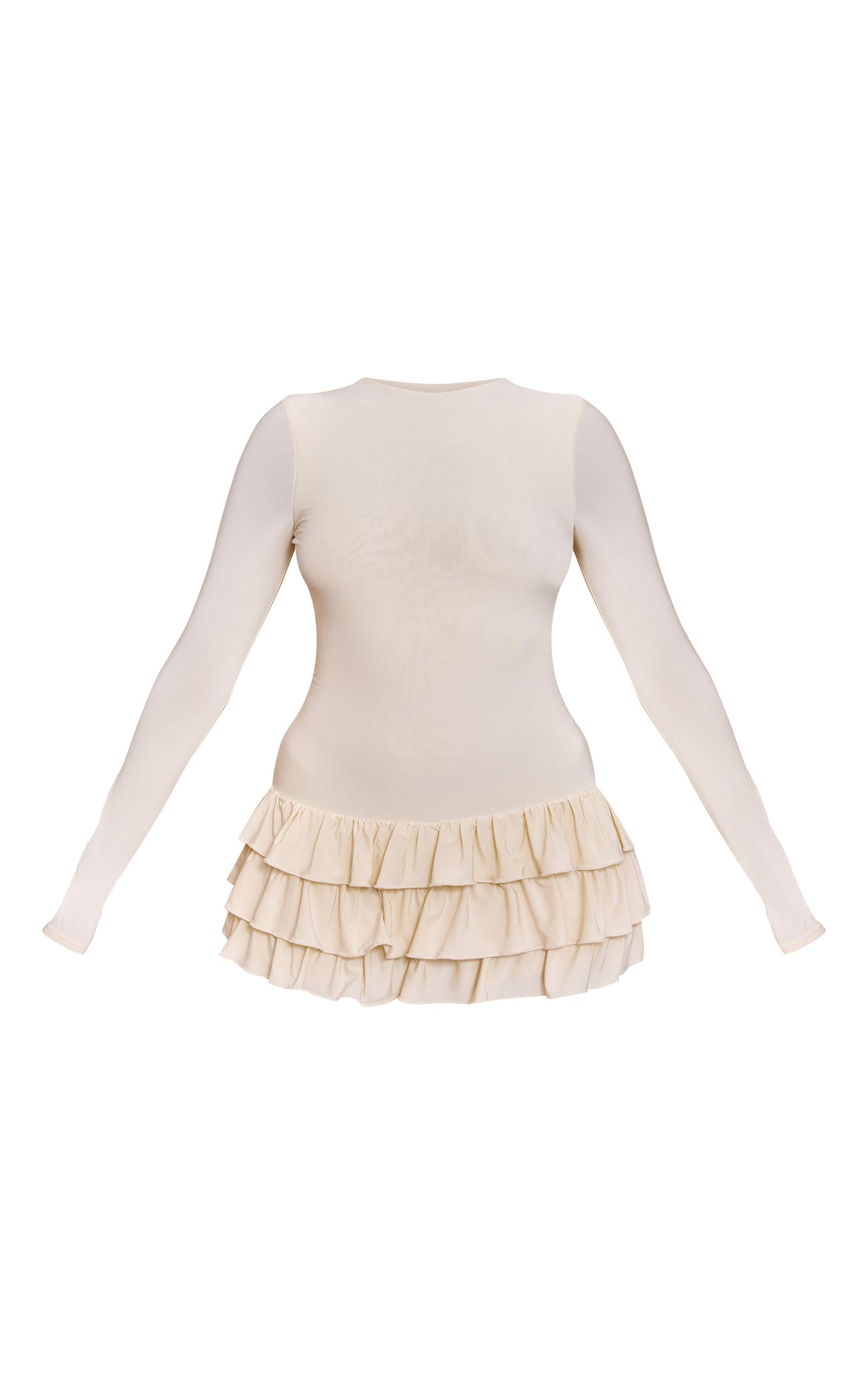 Cream Double Layer Slinky High Neck Long Sleeve Rara Skort Romper Product Image
