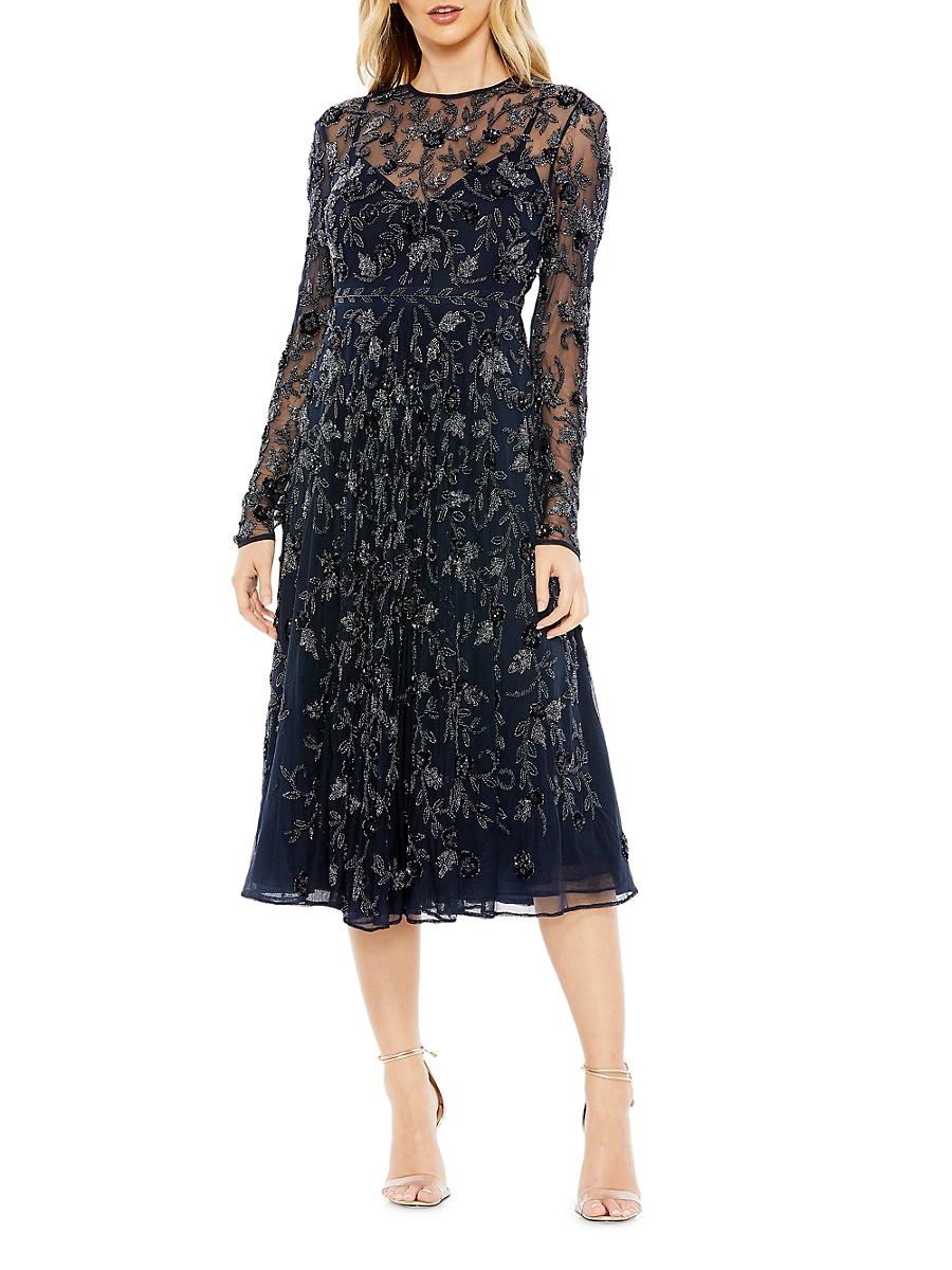 Womens Long-Sleeve Embellished Floral Midi-Dress Product Image