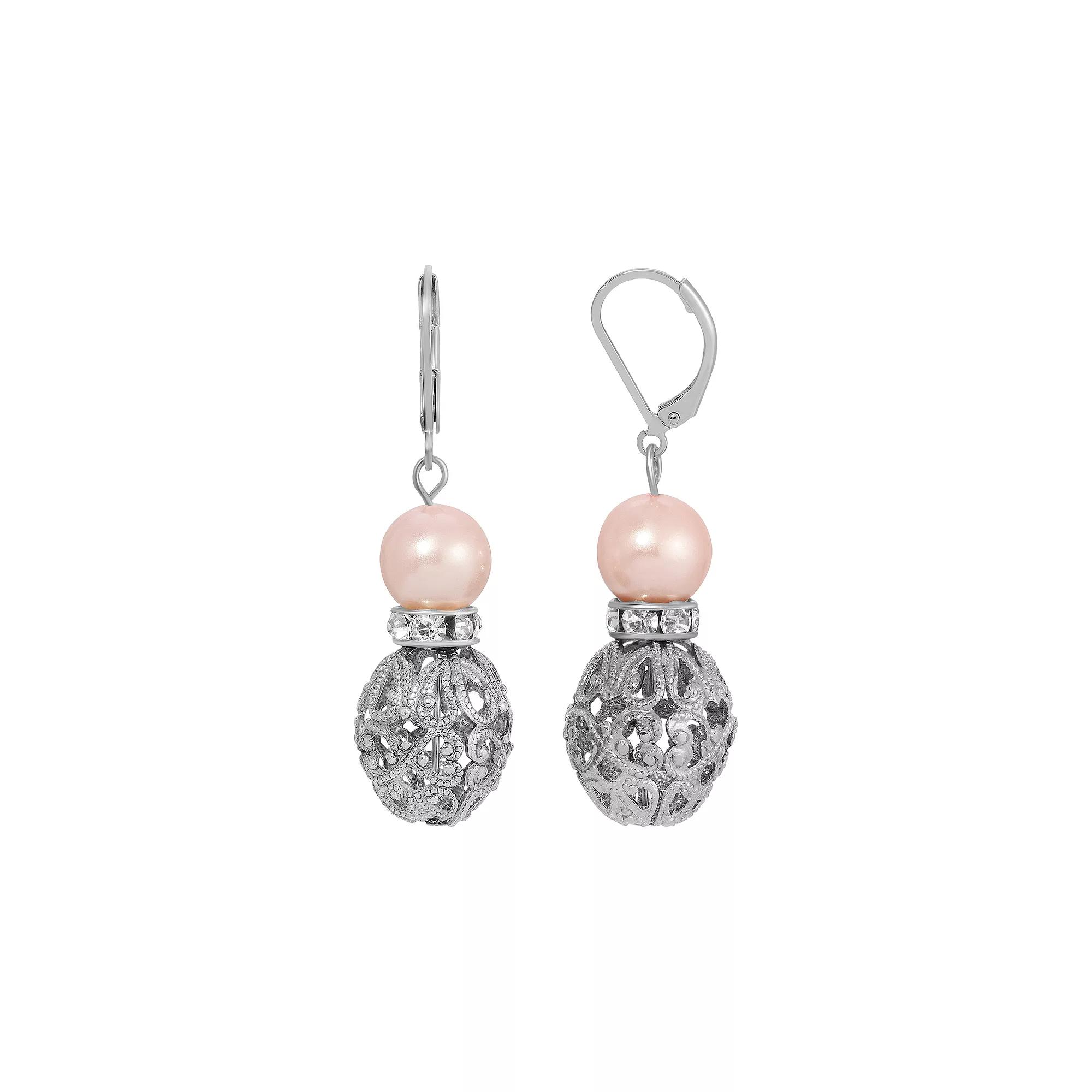 1928 Silver Tone Filigree Faux Pearl Drop Earrings, Womens, Beige Product Image